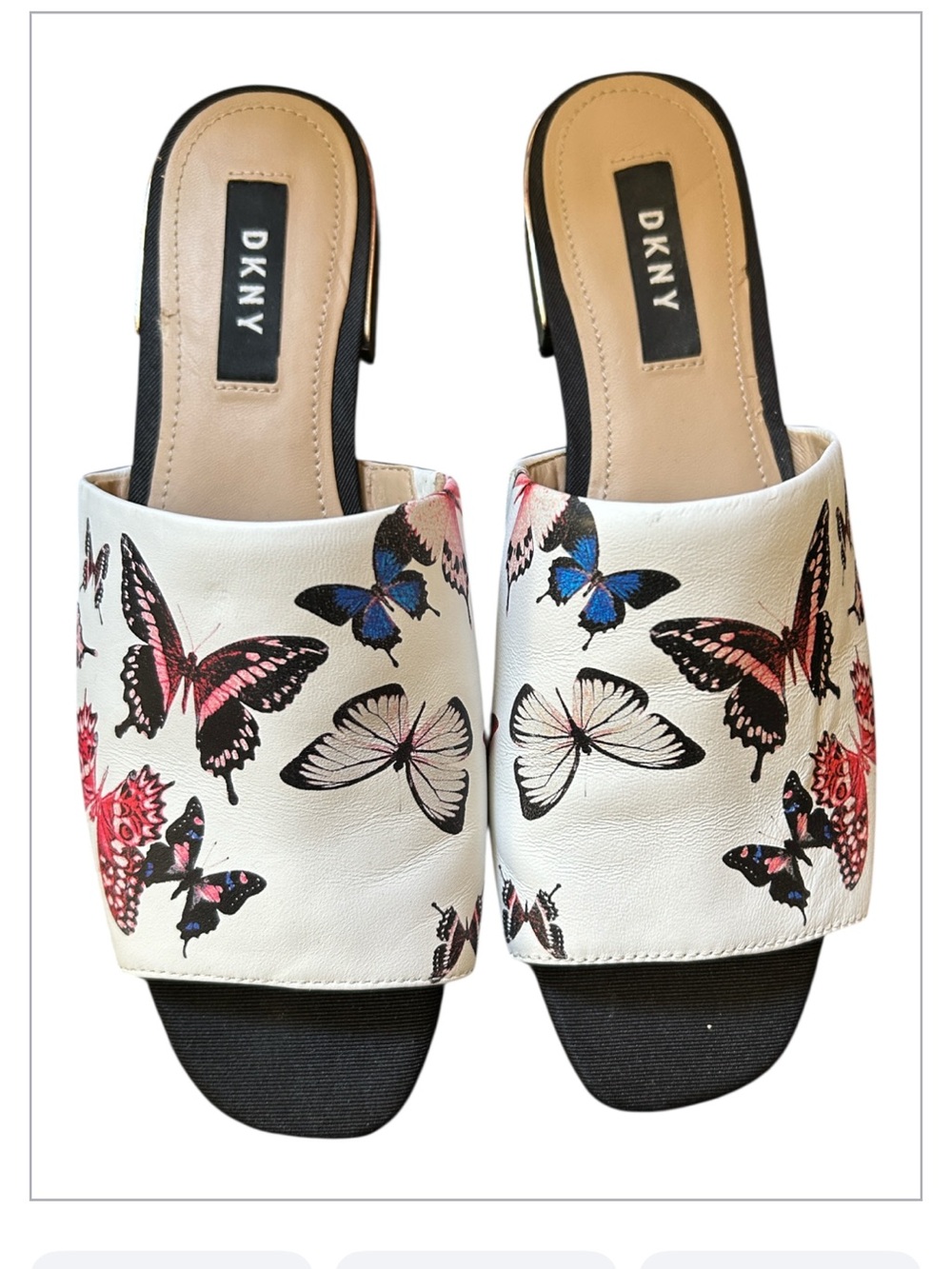 Women’s DKNY Leather Vibrant Multicolor Butterfly Print Slip On Mules Size 7.5
